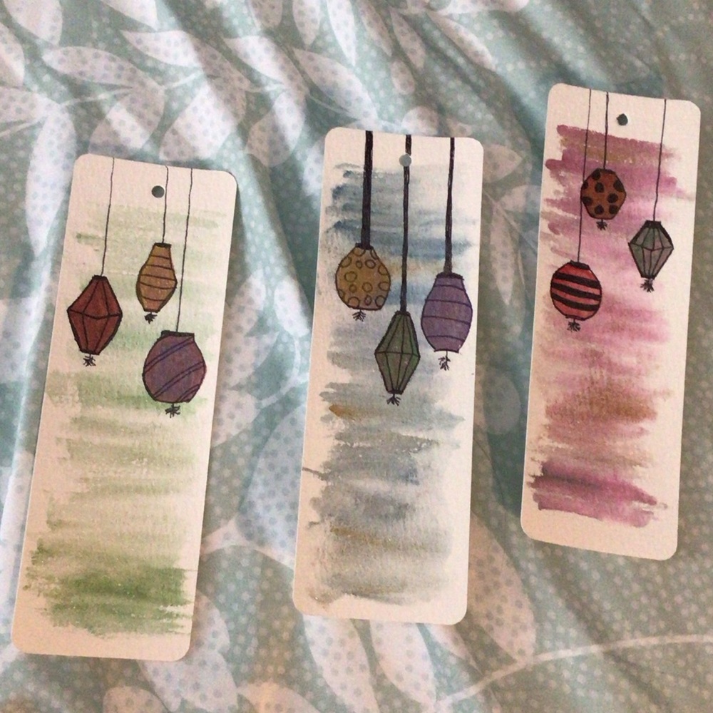 Watercolor & ink Japanese lantern Bookmarks - Set of 3